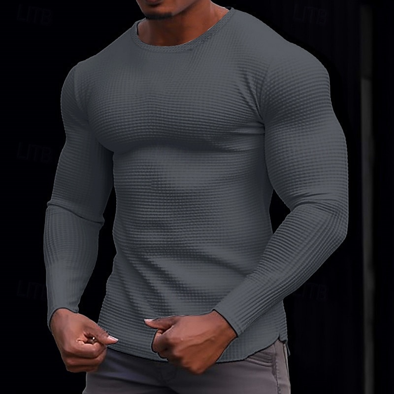 Men's Waffle Shirt T Shirt Tee Top Long Sleeve Shirt Long Sleeve Crew Neck Spring &  Fall Plain Fashion Designer Basic Knitted Vacation Street Going out Dark Brown Dark Grey Black Top Tee for Men3