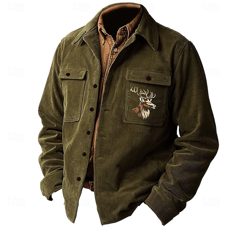 Men's Deer Shirt Jacket Overshirt Long Sleeve Vintage Tribal Dailywear Fall & Winter Collared Shirts Button Up 3D Print 2 Pockets 1pc Army Green Navy Blue Brown
