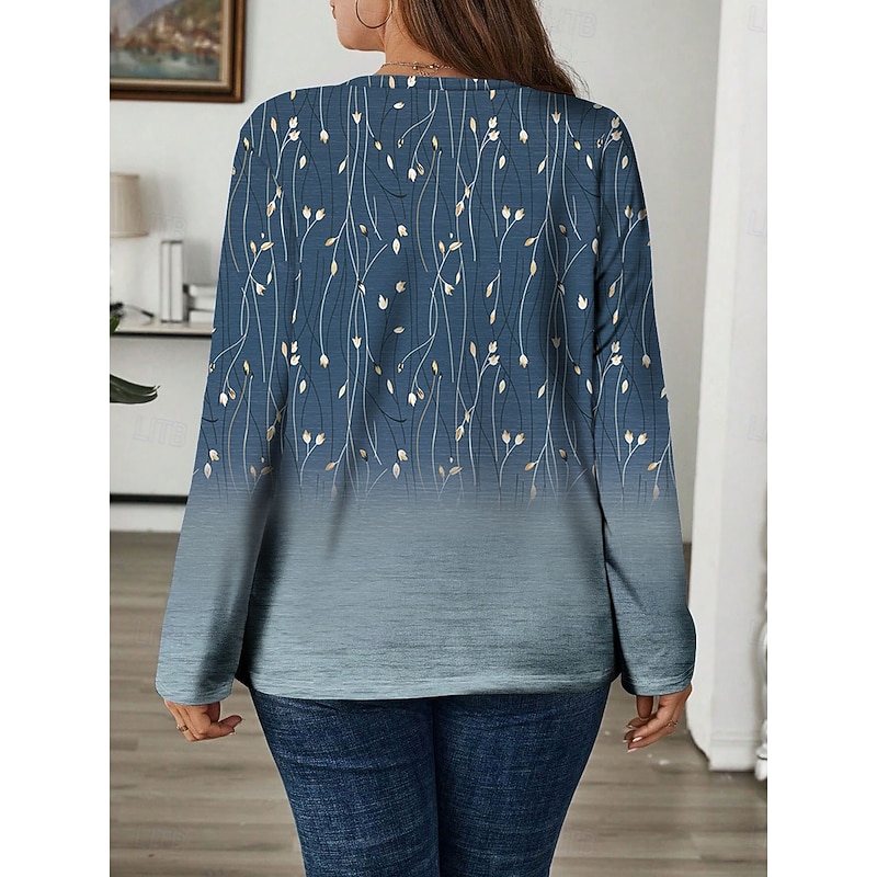 Women's Plus Size T Shirt Tops Tee Ombre Print Long Sleeve Crew Neck Casual Daily Fall Winter Blue3