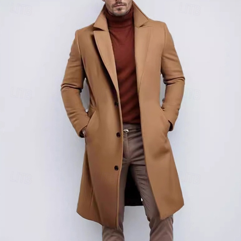 Men's Trench Coat Long Trench Coat Daily Vacation Fall & Winter Polyester Thermal Warm Outerwear Clothing Apparel Fashion Classic Plain Pocket Lapel Single Breasted