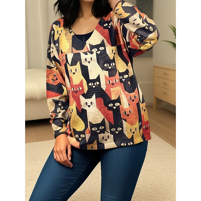 Women's Pullover Sweater Jumper Casual Animal V Neck V Neck Digital print Long Sleeve Regular Tops Knit Daily Yellow Fall Winter2