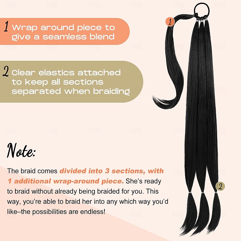 Long Braided Ponytail Extension with Hair Tie Straight Wrap Around Hair Extensions Ponytail Natural Soft Synthetic Hair Piece for Women Daily Wear 34 Inch