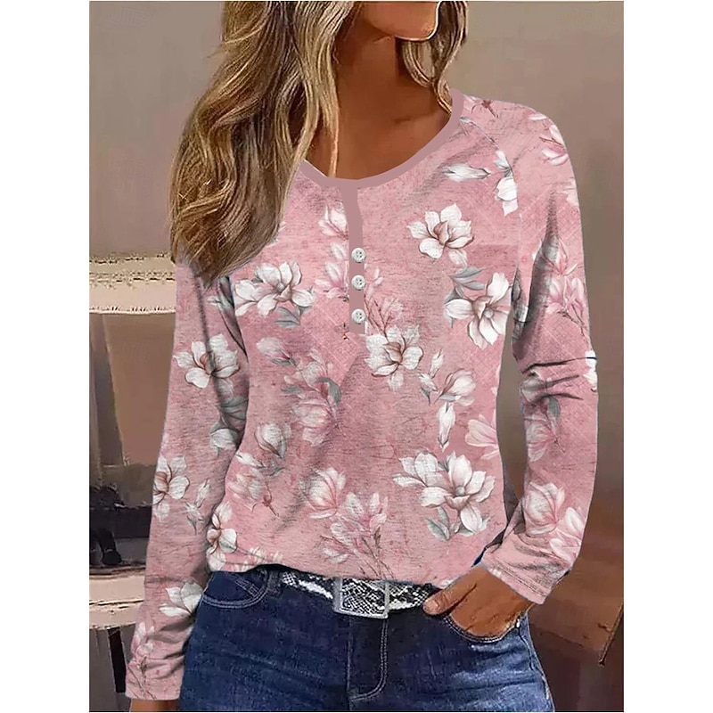 Women's T shirt Long Sleeve Striped Daily Casual Long Sleeve V Neck Regular Tops Daily Holiday Buttons Pink Red Gray Spring Fall Winter Prefall3