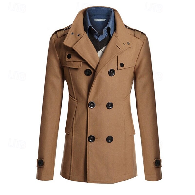 Men's Peacoat Trench Coat Daily Vacation Fall & Winter Polyester Thermal Warm Outerwear Clothing Apparel Fashion Classic Plain Pocket Stand Collar Double Breasted2