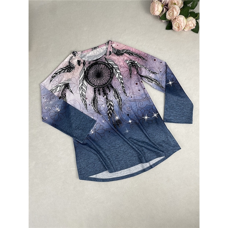 Women's T Shirt Casual Print Long Sleeve Long Tops Crew Neck Daily Purple Fall Winter2