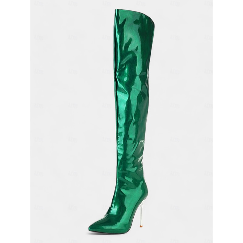 Women's Metallic Green Thigh-High Stiletto Boots with Pointed Toe, Sexy High Heel Over-the-Knee Boots for Parties and Fashion Events3