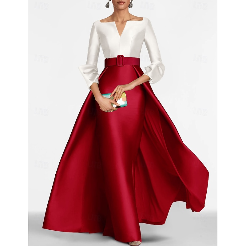 Red Sheath Evening Gown Elegant Dress Formal Floor Length 3/4 Length Sleeve V Neck Belt / Sash Satin with Slit