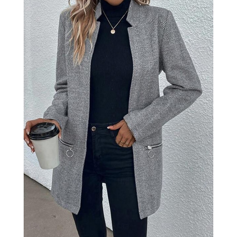 Women's Coat Work Pocket Zipper Solid Color Simple Outerwear Fall Gray