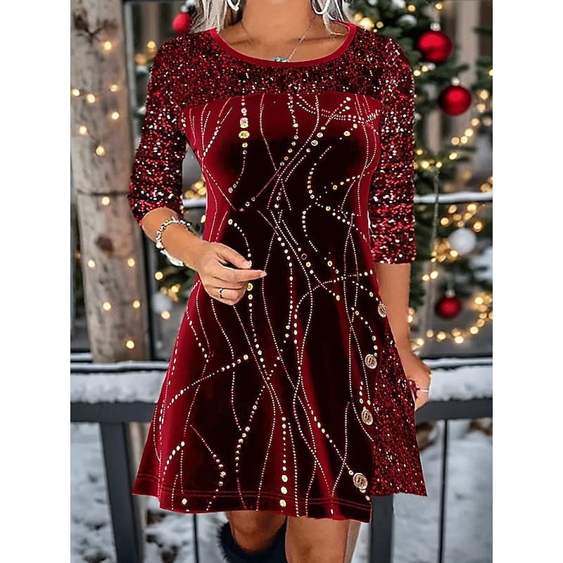 Women's Holiday Dress Three-Quarter Sleeve Sequin Embellished Fit-and-Flare Knee-Length Party Evening Red Gold Glittery Comfort Stretch Winter Apparel