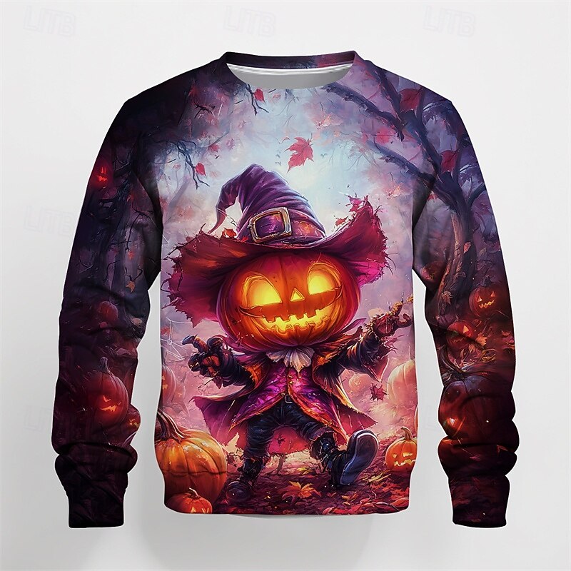 Halloween Boys 3D Graphic Cartoon Pumpkin Sweatshirt Long Sleeve Spring Fall Fashion Basic Polyester Kids 4-12 Years Crew Neck Outdoor Casual Daily Regular Fit