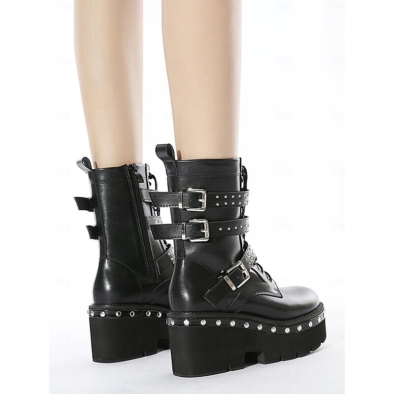 Women's Black Platform Combat Boots with Studded Buckle Straps, Punk Gothic Motorcycle Boots for Cosplay and Streetwear 15