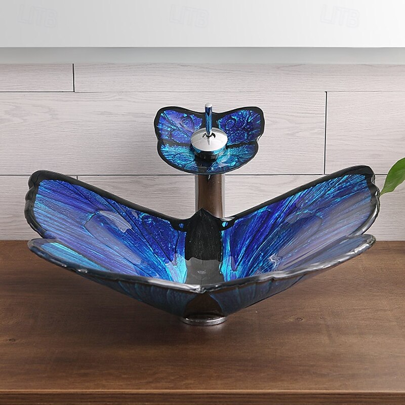 Bathroom Vessel Sink Butterfly Shape Artistic Tempered Glass Vessel Sink Vessel Bowl Sink Countertop Vanity Vessel Sink with Waterfall Faucet and Pop Up Drain Combo3