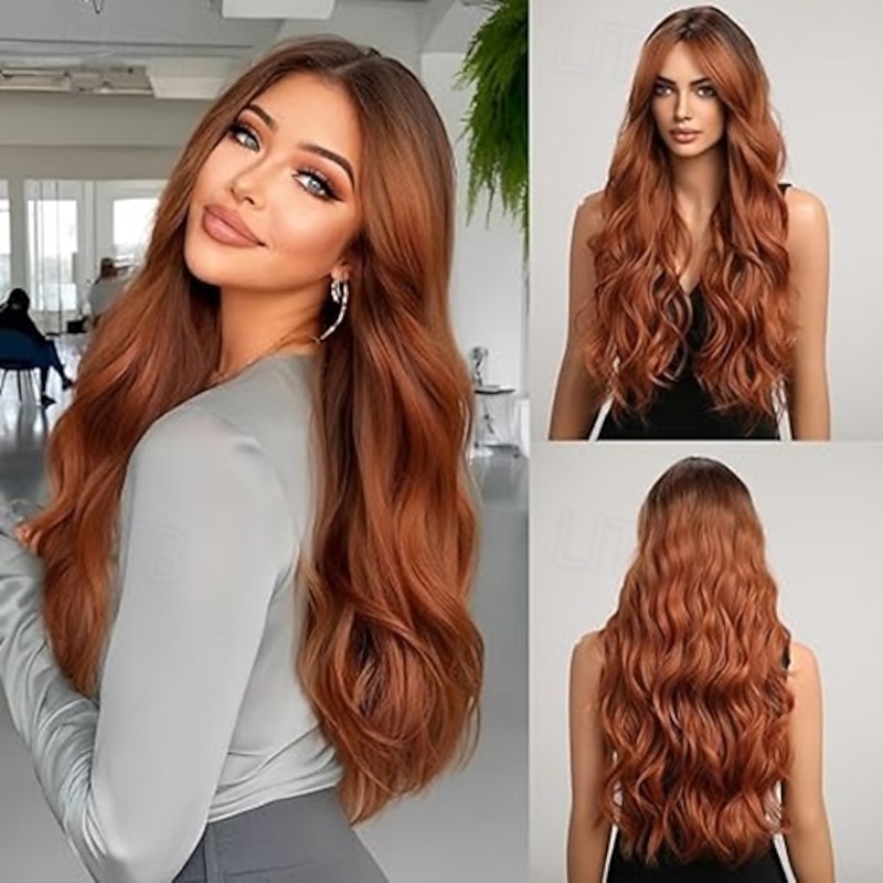 Long Wavy Wig with Bangs for Women Natural Butterfly Haircut  Layered Wavy Synthetic Wigs Curtain Bangs Curly Hair Daily Party Dating2