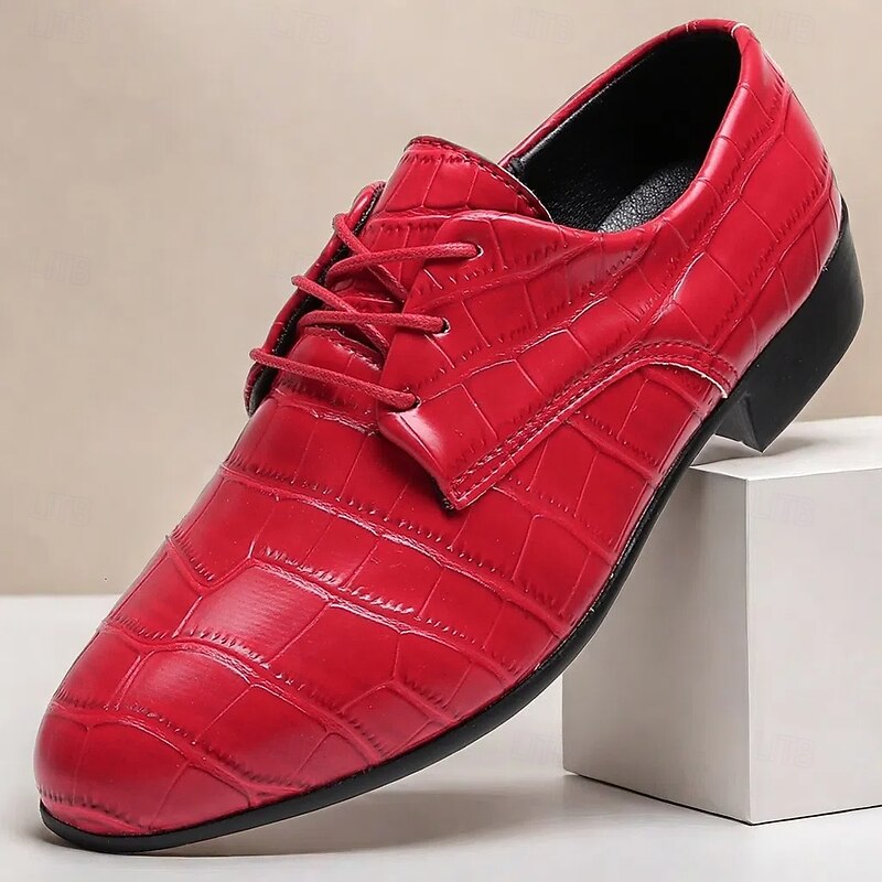 Men's Red Crocodile Pattern Lace-Up Dress Shoes - Bold Formal Oxford Shoes for Parties and Special Events