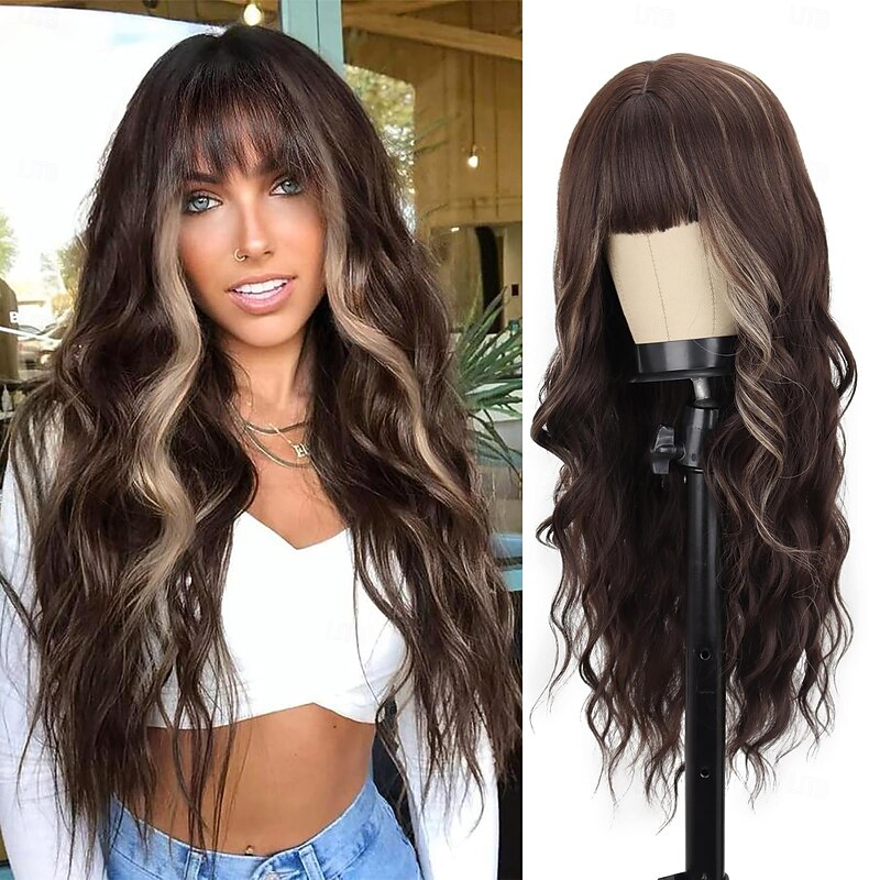 Wavy Wig with Bangs Long Wig for Women Heat Resistant Synthetic Wigs Daily Party Holiday Festival Chrismas Travel Used