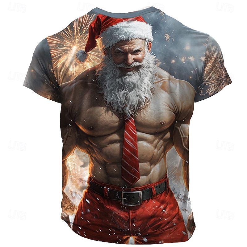 Christmas Men's Santa Claus 3D T-shirts Santa Claus Muscle Casual Street Style 3D Print Tee Sports Outdoor Holiday Gray Short Sleeve Crew Neck Spring & Summer Clothing Apparel S M L XL XXL2