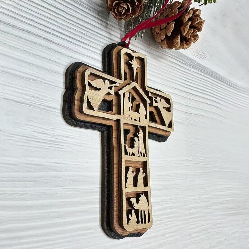 Christmas Tree Oranments Wooden Jesus Cross Pendant Xmas Decor, Religious Craft. Symbol of Faith & Grace. Adds Charm to Your Space3