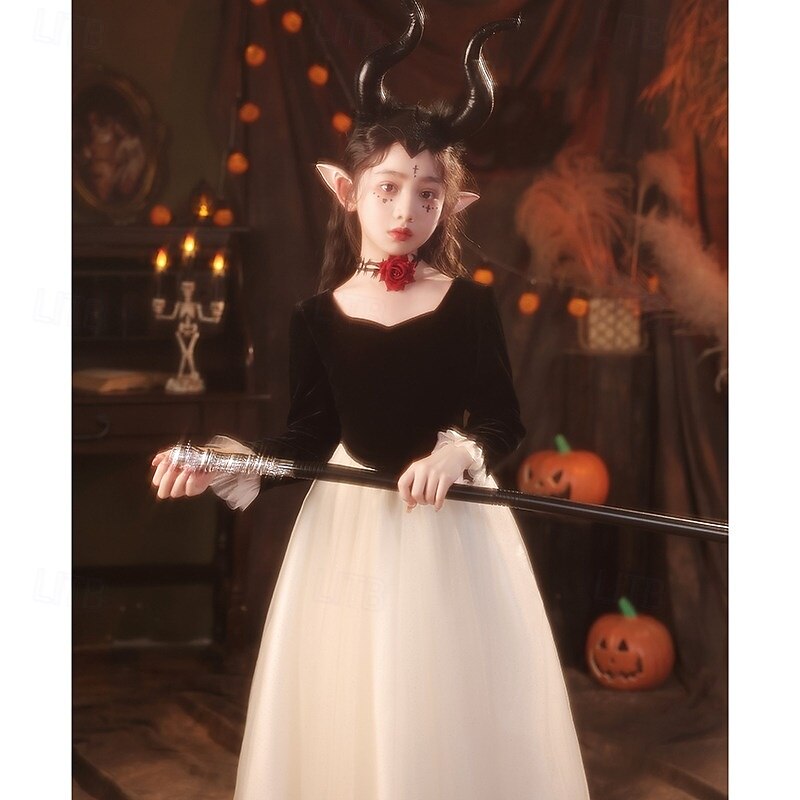 Kids Girls' Party Dress Solid Color Short Sleeve Long Sleeve 3/4 Length Sleeve Performance Halloween Party Mesh Princess Cosplay Costume Sweet Mesh Mid-Calf Sheath Dress Tulle Dress Summer Spring Fall3