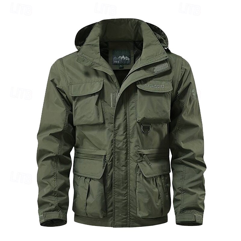Men's Hiking Jacket Tactical Jacket Windcheater Jacket Sports Outdoor Camping & Hiking Waterproof Windbreaker Detachable Design Spring &  Fall Solid Color Active Hooded Regular Black Green Khaki