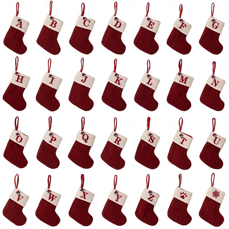 Personalized Christmas Stocking Decor, Custom Letter Christmas Decoration Xmas Party Red Knitted Socks with Embroidered Letter, Christmas Tree Hanging Ornaments4