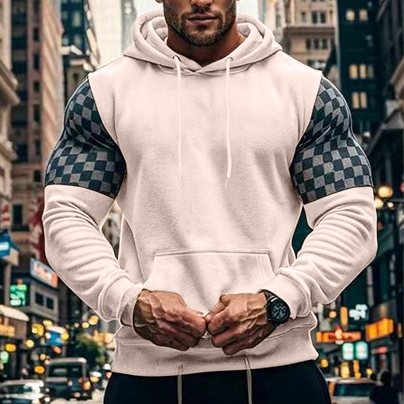 Men's Hoodie Sweatshirt Light Khaki. Brown Khaki Hooded Plaid Patchwork Front Pocket Sports & Outdoor Daily Holiday Streetwear Basic Casual Spring &  Fall Clothing Apparel Hoodies Sweatshirts2