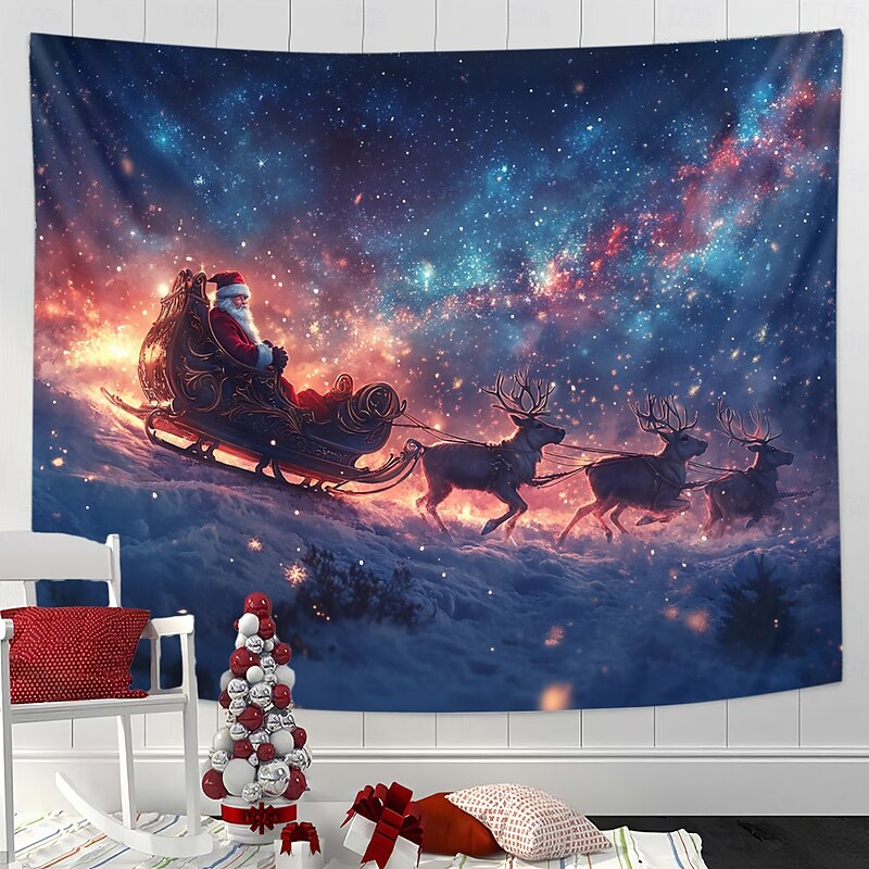 Christmas Decorations Hanging Tapestry Wall Art Xmas Deer Santa Claus Sleigh Large Tapestry Mural Decor Photograph Backdrop Blanket Curtain Home Bedroom Living Room3