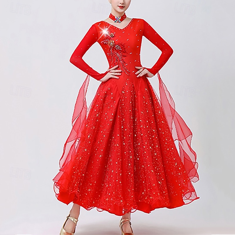 Ballroom Dance Dresses for Women Smooth Waltz Tango Great Swing Long Sleeve Dance Outfit Competition Dress