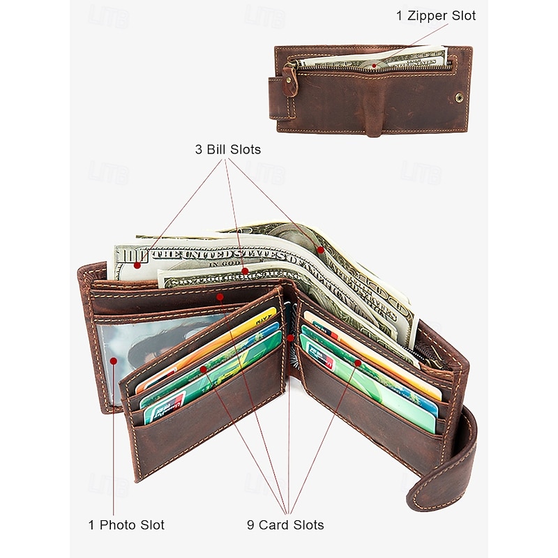 Men's Vintage Brown Leather Wallet with Zipper Pocket and Snap Closure – Stylish Bifold Wallet for Everyday Use3