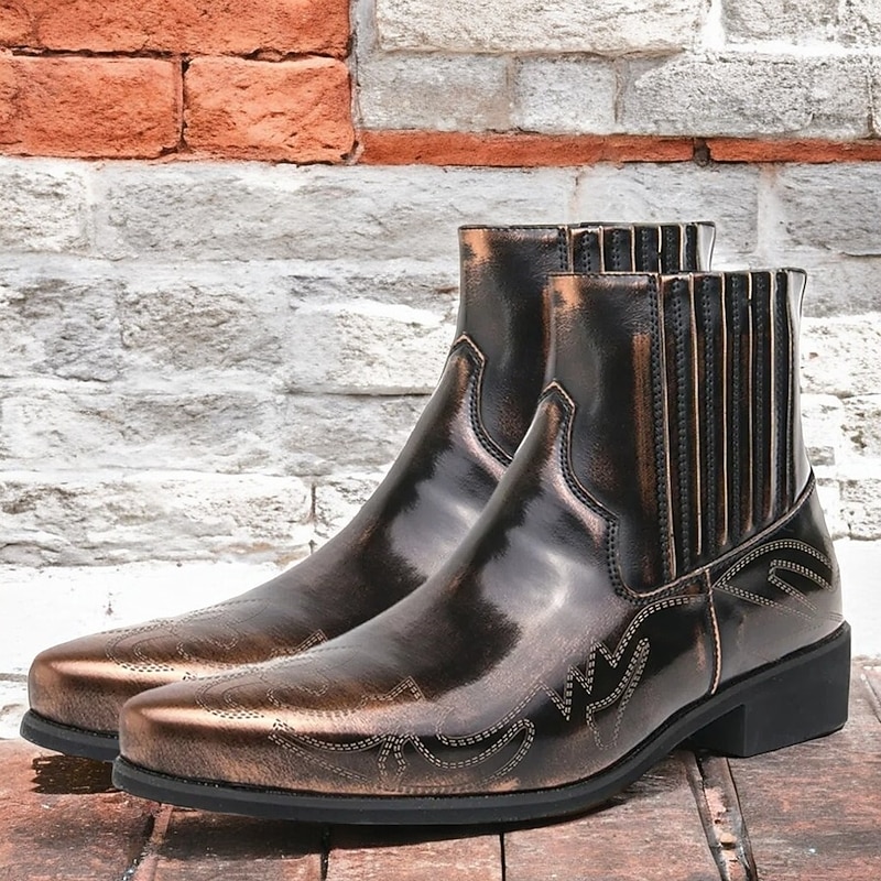 Men's Vintage Bronze Faux Leather Ankle Boots with Western Stitching, Stylish and Durable for Casual and Dressy Occasions