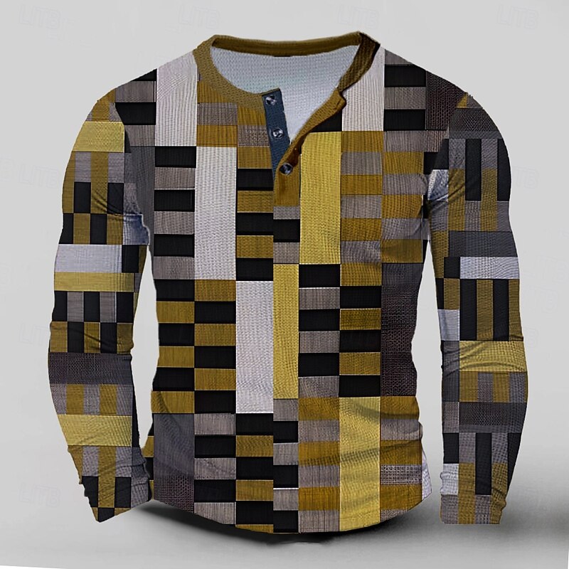 Men's New Year Faux Patchwork Pattern Henley Shirt Long Sleeve 3D Printing Casual Party Street Casual Winter Spring &  Fall Brown Henley Henley T-Shirt