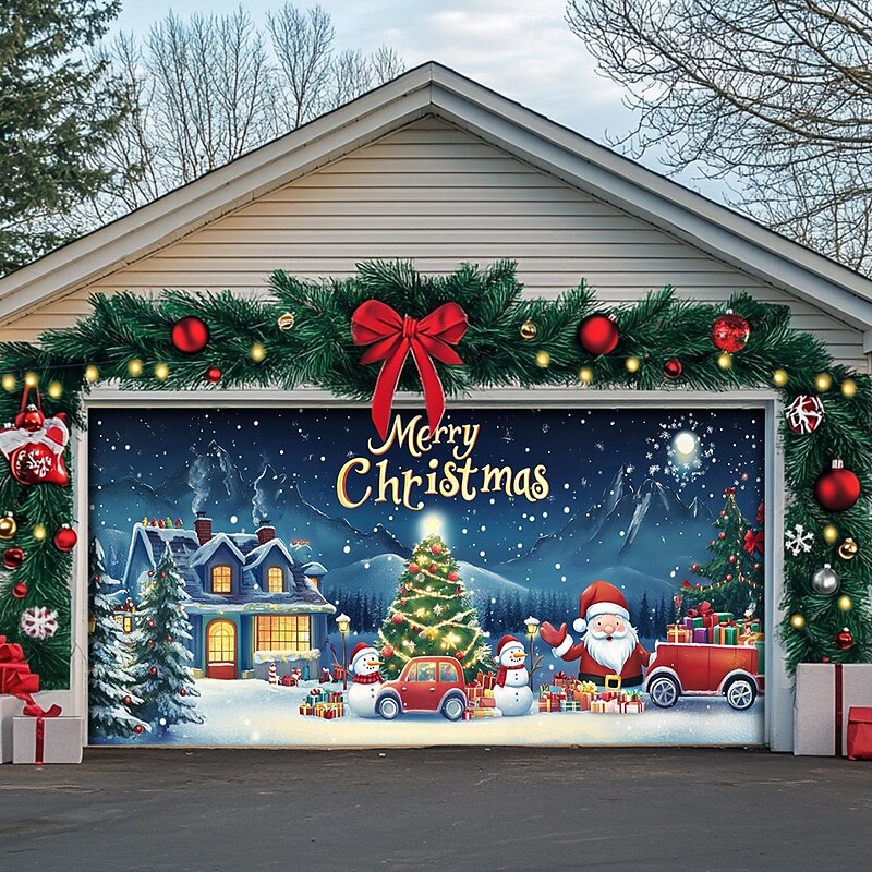 Christmas Outdoor Garage Door Cover Xmas Banner Merry Christmas Large Christmas Backdrop Decoration for Holiday Outdoor Garage Door Home Wall Decorations