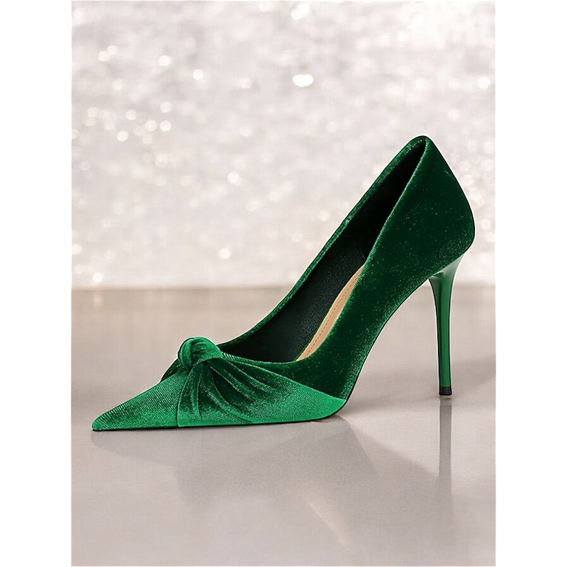 Women's Green Velvet Stiletto Heels - Elegant Pointed Toe Pumps with Knot Detail for Evening Parties and Special Occasions2