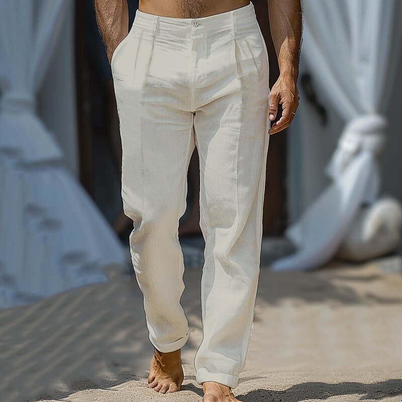 Men's Linen Pants Trousers Summer Pants Front Pocket Straight Leg Plain Comfort Breathable Casual Daily Holiday Fashion Basic White Beige3
