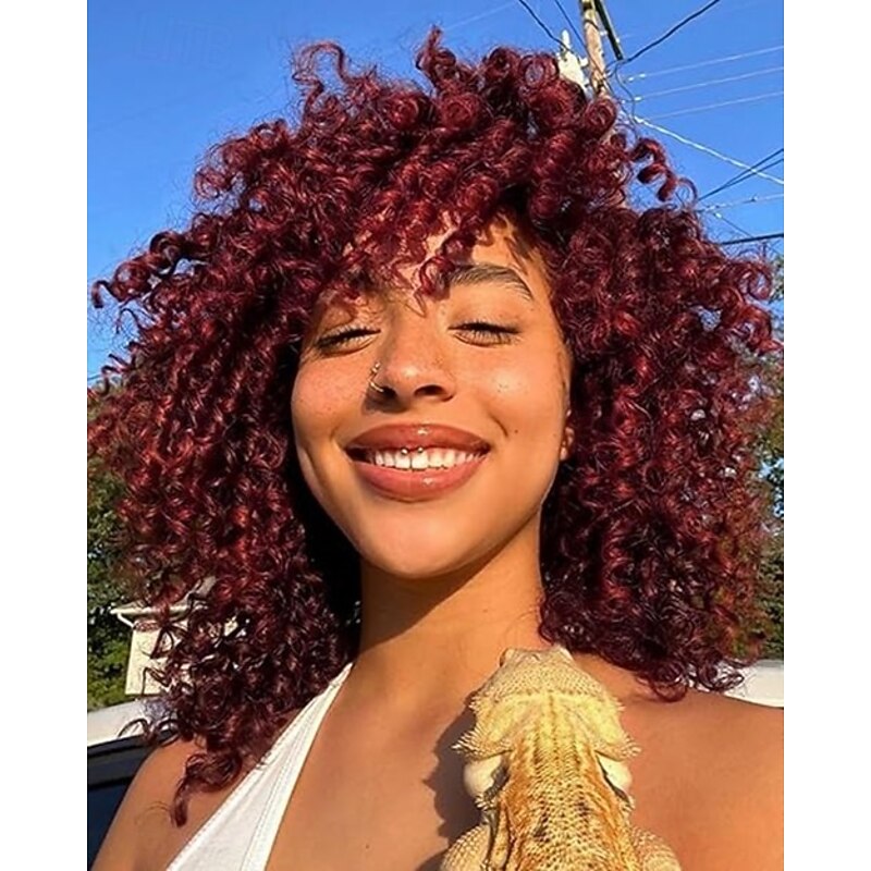 Afro Curly Wigs with Bangs for Black Women Kinky Curly Synthetic Hair Heat Resistant Wig for Daily Party4