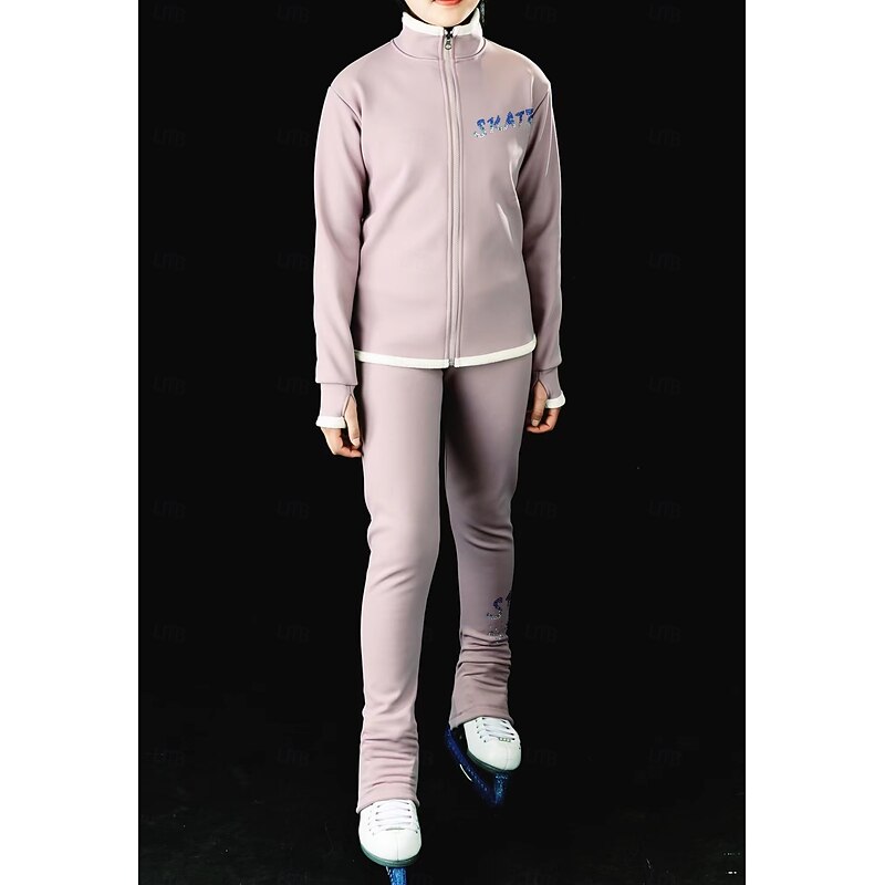 Figure Skating Fleece Jacket Figure Skating Pants Figure Skating Jacket with Pants Women's Girls' Ice Skating Jacket Tights Outfits Dusty Rose Patchwork Thumbhole Spandex Stretchy Training Practice