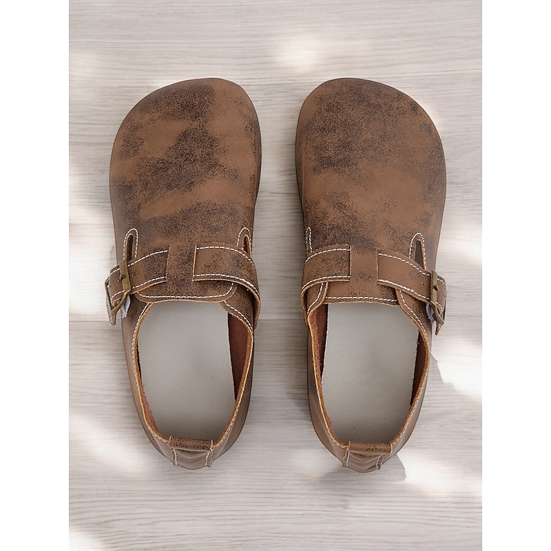 Women's Vintage Brown Barefoot Slip-On Loafers with Buckle Strap and Distressed Faux Leather Finish, Perfect for Casual Wear