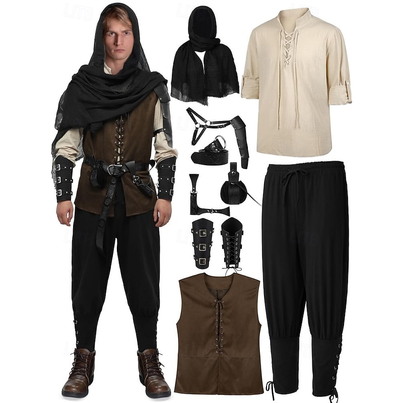 Men's 10 PCS Viking Pirates Outfits Costume with Armor Set Retro Vintage Medieval Renaissance 17th Century Knight Ritter Ranger Elven Valhalla for Halloween Carnival LARP Ren Faire
