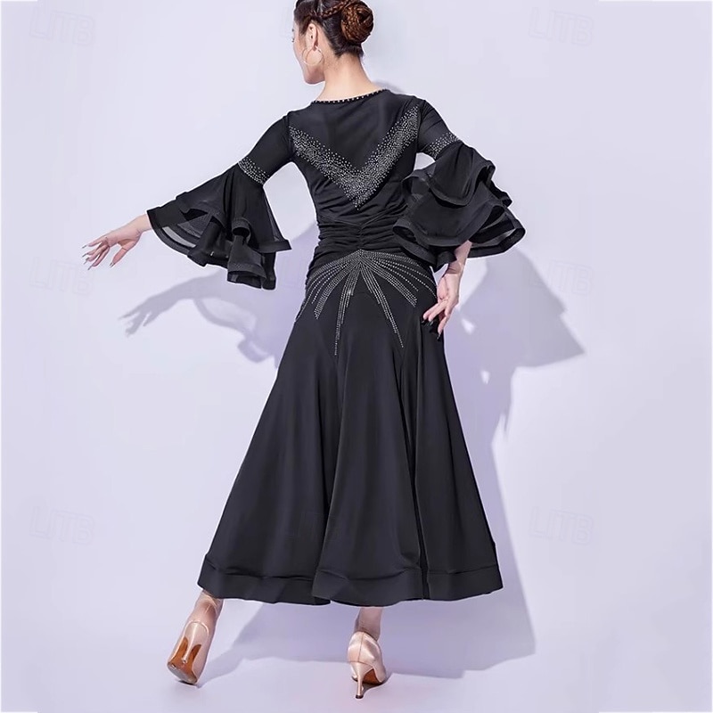 Ballroom Dance Dress Rhinestone Splicing Women's Performance Party Long Sleeve Mesh Milk Fiber2