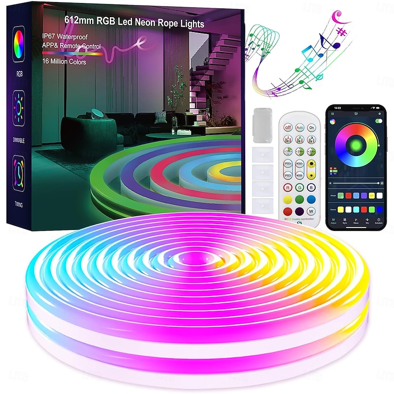 RGB Waterproof Smart Neon Rope Light Kit, Silicone LED Strip Lights 3M, 5M, or 2x5M Bluetooth App Control, Dimmable, Music Sync, Multi-Color, DIY Cuttable