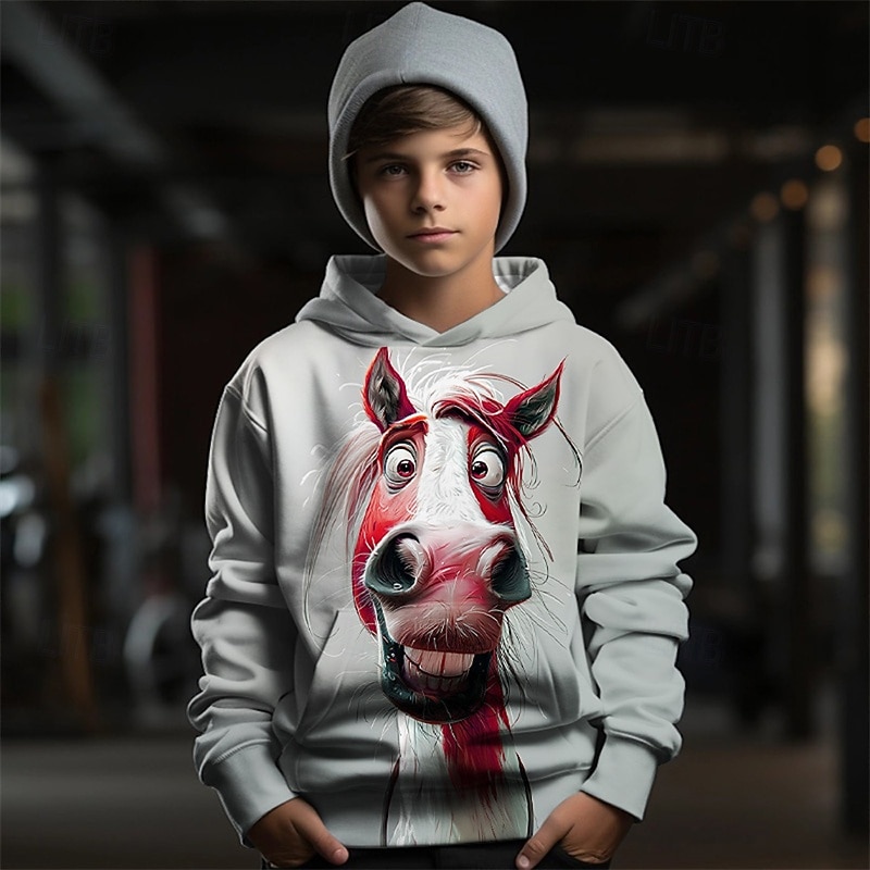 Boys 3D Graphic Animal Horse Hoodie Long Sleeve Spring Fall Fashion Streetwear Kids 4-12 Years Hooded Outdoor Casual Daily Regular Fit