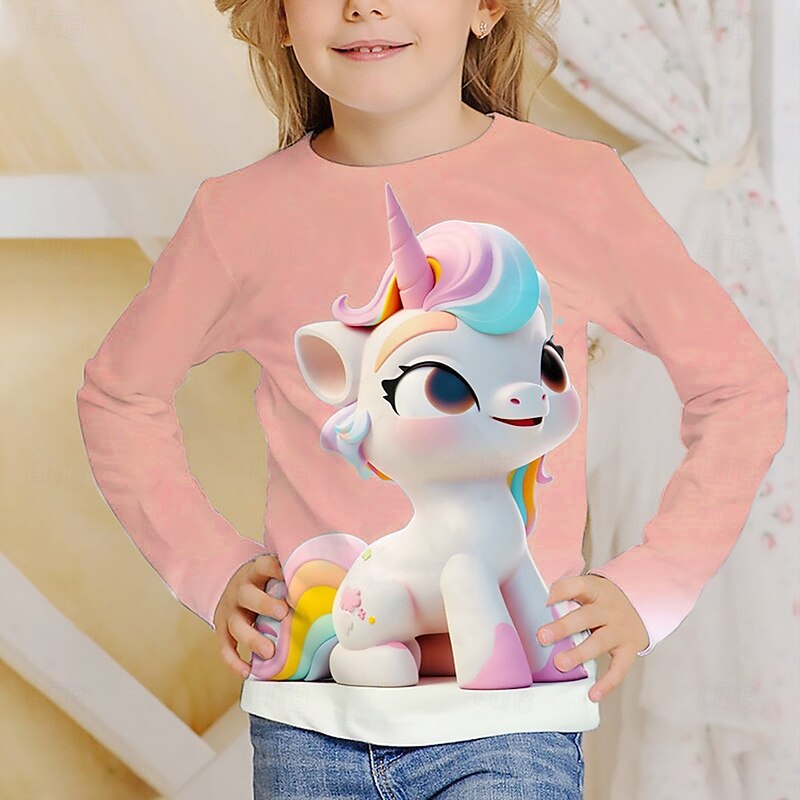 Girls' 3D Graphic Unicorn T shirt Tee Long Sleeve Spring Fall Fashion Basic Kids 4-12 Years Crew Neck Outdoor Casual Daily Regular Fit