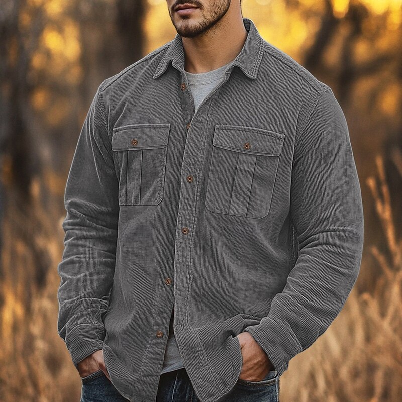 Men's Casual Shirt Corduroy Shirt Button Up Shirt Black Red Navy Blue Blue Green Long Sleeve Solid Color Lapel Vacation Street Pocket Clothing Apparel Warm Fashion Streetwear Outdoor2