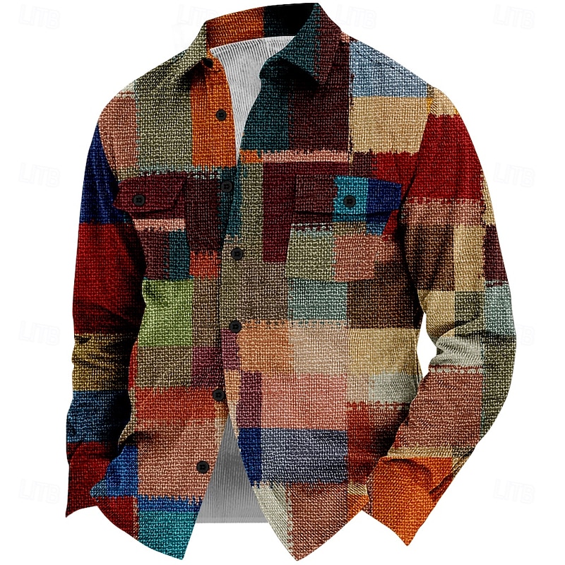 Men's Plaid Geometric Pattern Corduroy Shirt Shirt Jacket Overshirt Long Sleeve Vintage Casual Formal Dailywear Fall & Winter Turndown Collared Shirts Buttons 3D Print 2 Pockets 1pc Red