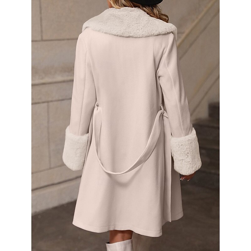 Women's Winter Coat Windproof Warm Buttons With Belt Fur Collar Elegant Outdoor Solid Color Work Casual Single Breasted Turndown Loose Fit Long Sleeve Outerwear Khaki Apricot Fall Winter2