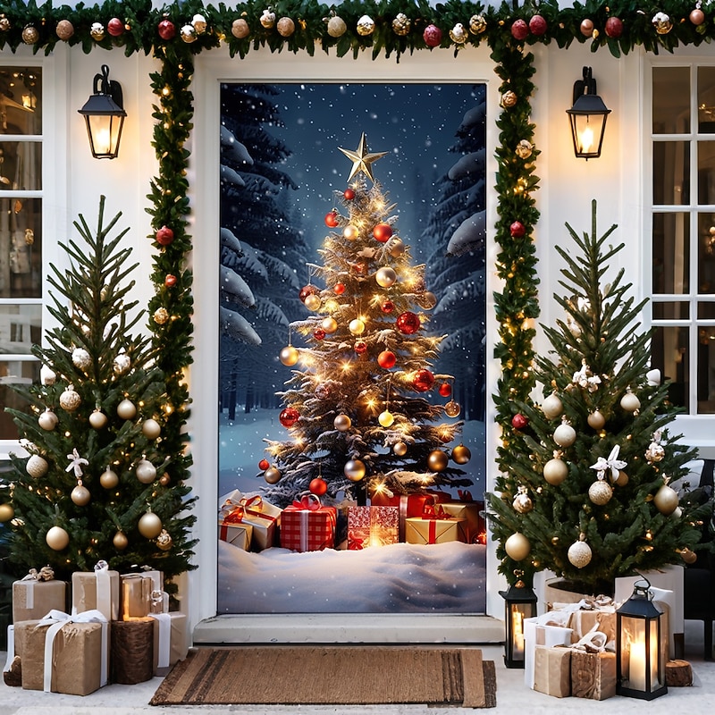 Christmas Door Decorations Door Covers Xmas Tree Gifts Door Tapestry Door Curtain Decoration Backdrop Door Banner for Front Door Farmhouse Holiday Party Decor Supplies Indoor/Outdoor3