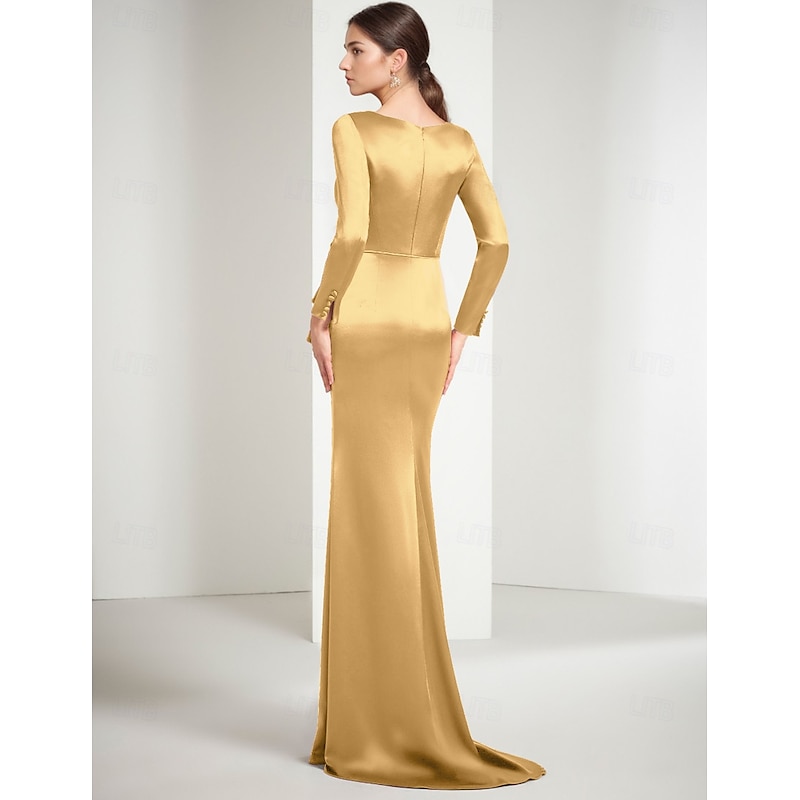 Gold Sheath / Column Evening Gown Elegant Dress Formal Floor Length Long Sleeve Jewel Neck Satin with Appliques2