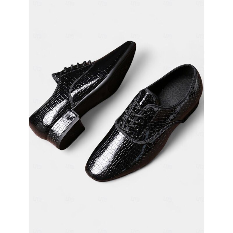 Men's Black Crocodile Pattern Lace-Up Dance Shoes with Glossy Finish, Perfect for Ballroom and Latin Dance Performances4
