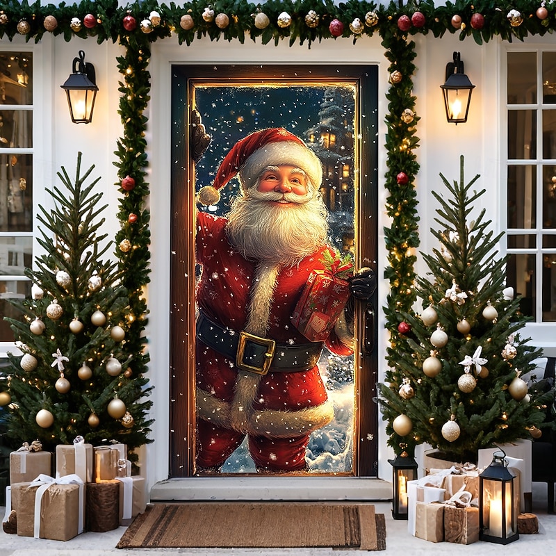 Christmas Door Decorations Door Covers Xmas Santa Deliver Gift Door Tapestry Door Curtain Decoration Backdrop Door Banner for Front Door Farmhouse Holiday Party Decor Supplies Indoor/Outdoor
