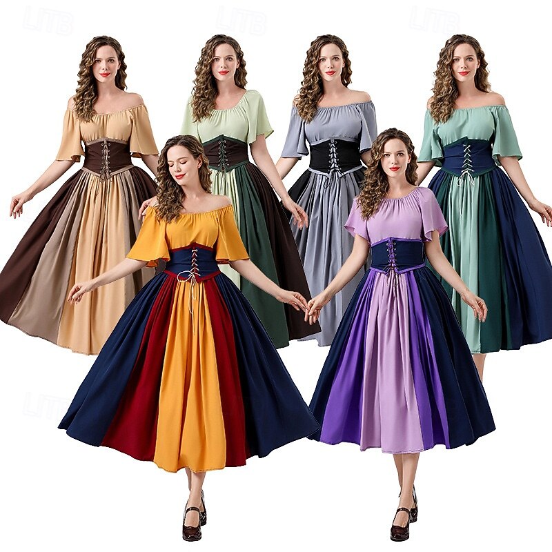 Vintage Inspired Medieval Dress Masquerade Cosplay Patchwork Collarless Fancy Dress Women's Celtic Pirate Fantasy Halloween Casual Daily Party / Cocktail Adults' Dress Legguards All Seasons