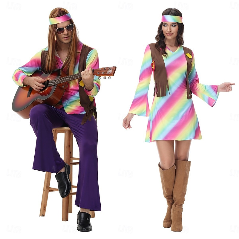 Hippies Halloween Cosplay Costume Halloween Group Couples Costumes Couples Carnival Costume 1970s Disco Adults' Men's Women's Halloween Carnival Masquerade Party Easy Halloween Costumes Dress Up